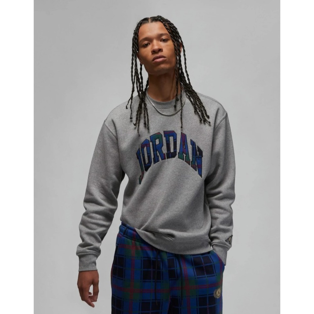 Jordan Mens Essential Holiday Plaid Fleece Sweatshirt XXL Gray Crewneck